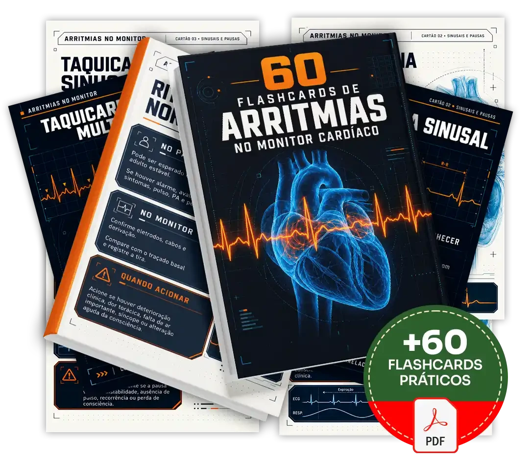 Mockup principal de 30 Flashcards de Arritmias no Monitor Cardíaco
